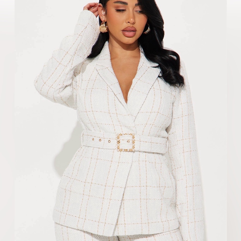 Fashion Nova cream tweed blazer jacket and belt